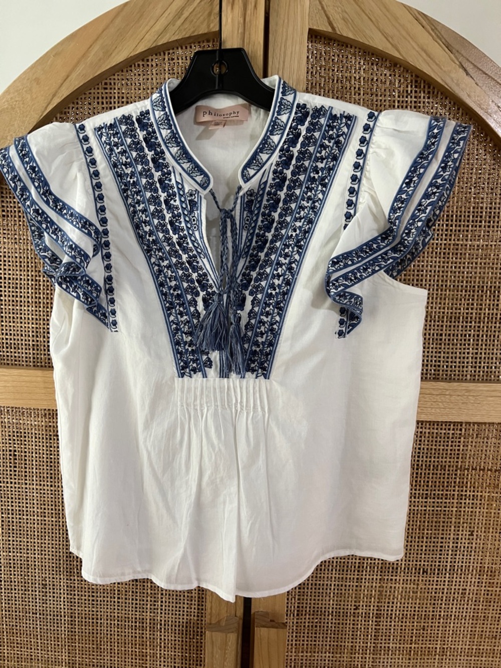 Philosophy White Cotton Blouse with Navy Blue Embroidery and Tassel Tie